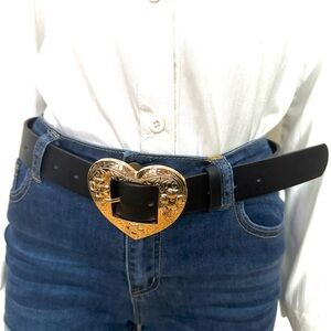 Black PU leather gold tone buckle studded skinny belt